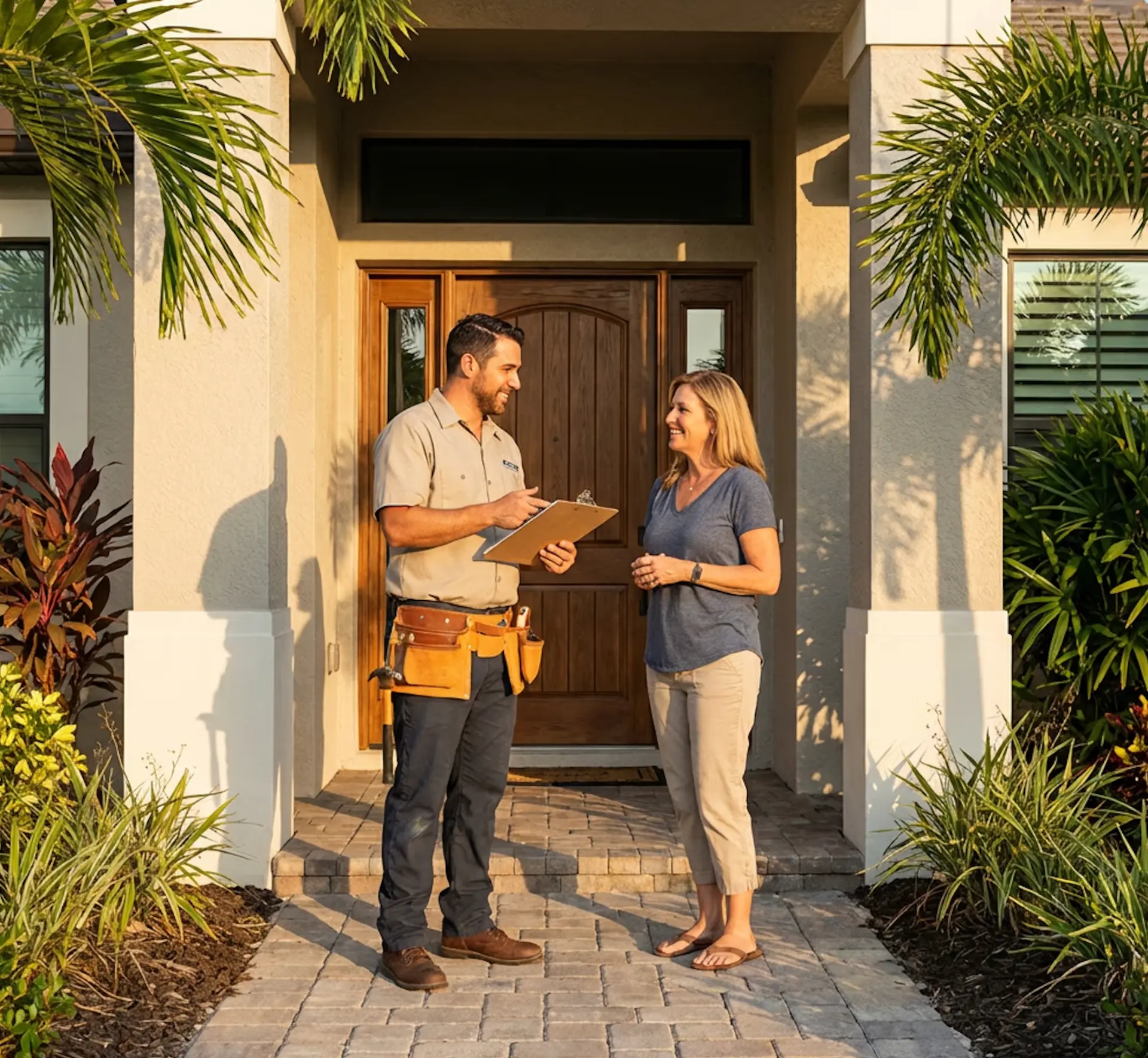 A Los Angeles Home Pros handyman reviewing a job checklist with a homeowner at her front door